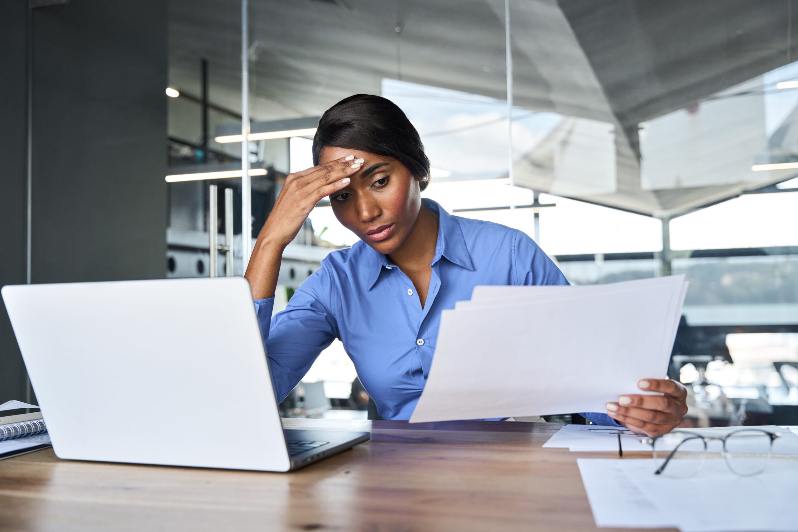 Tired,Busy,Young,African,American,Businesswoman,Feeling,Stress,Looking,At